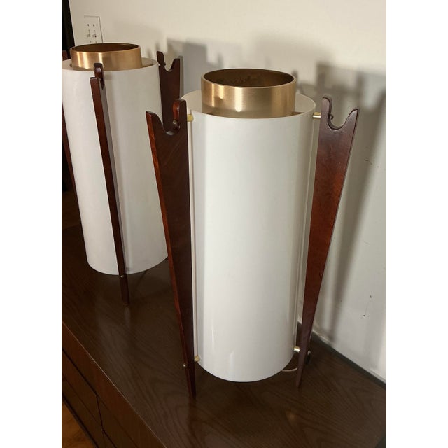 1970s Vintage Mid-Century Modern Sculptural Walnut and Brass Torchiere Table Lamps - A Pair For Sale - Image 5 of 12