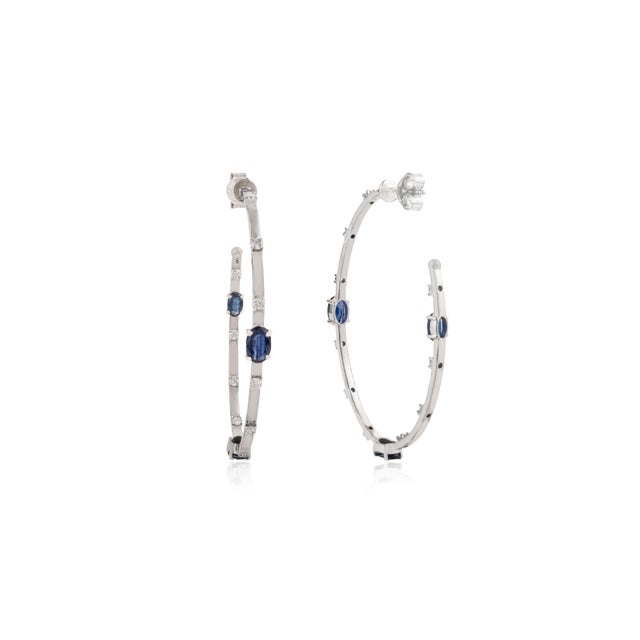 Classic European Inside Out Blue Sapphire Diamond 14k Gold Vintage Hoop Earrings For Sale - Image 4 of 15