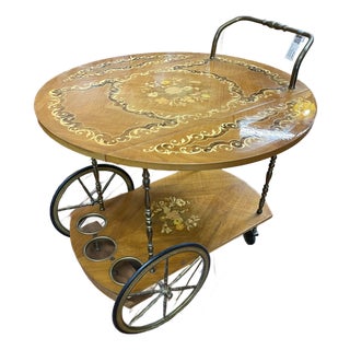 Italian Inlaid Marquetry Bar Cart With Drop-Leaf Top For Sale