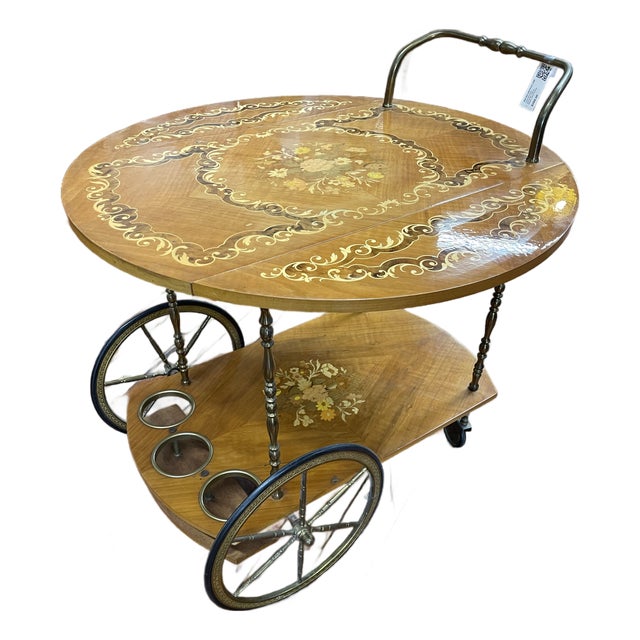 Italian Inlaid Marquetry Bar Cart With Drop-Leaf Top For Sale