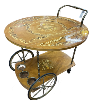 Italian Inlaid Marquetry Bar Cart With Drop-Leaf Top