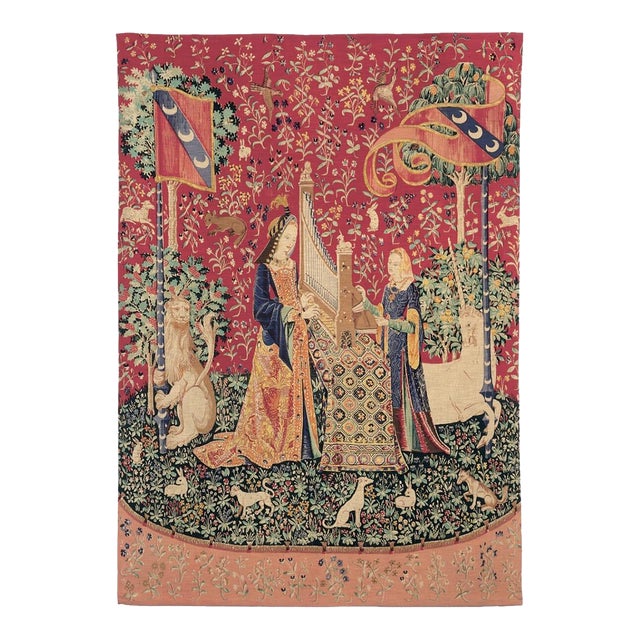 La Dame a La Licorne 'L'Ouie' Silkscreen Tapestry - 117 X 88 Cm (3'10" X 2'11") - Requires Rod Size 2 For Sale