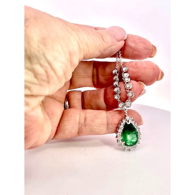 Pear-Shaped Cabochon Emerald & Diamond Halo Pendant Necklace in White Gold For Sale - Image 11 of 12