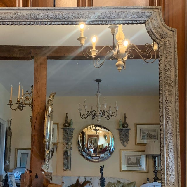 French Grey Painted Carved Oak Pier Mirror / Over Mantel Mirror For Sale - Image 4 of 16