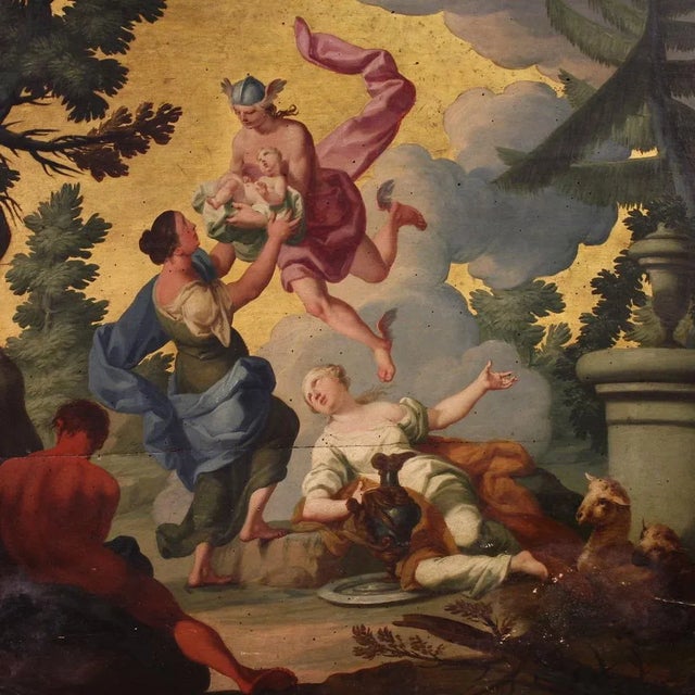 A rare 18th-century Italian painting. Oil on panel artwork depicting a captivating mythological subject, Mercury delivers...