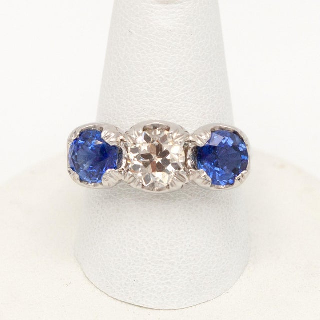 Metal 1980s Gorgeous Platinum Diamond Sapphire 3 Stone Ring, Size 7.5 For Sale - Image 7 of 11