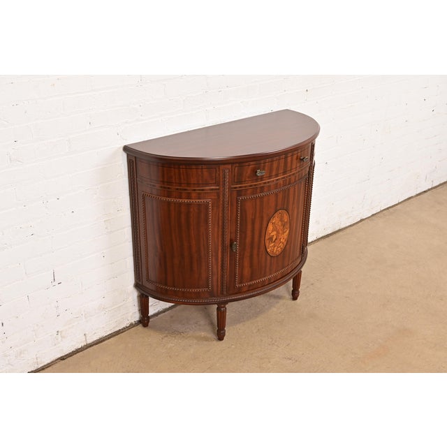 Imperial Furniture, Grand Rapids Imperial Furniture French Regency Louis XVI Mahogany and Inlaid Marquetry Demilune Cabinet, Newly Refinished For Sale - Image 4 of 14