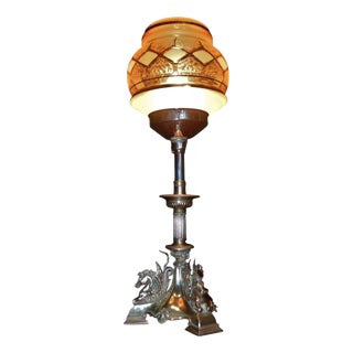 Victorian Silver-Plated Mythological Figural Lamp with Art Glass, 1890 For Sale