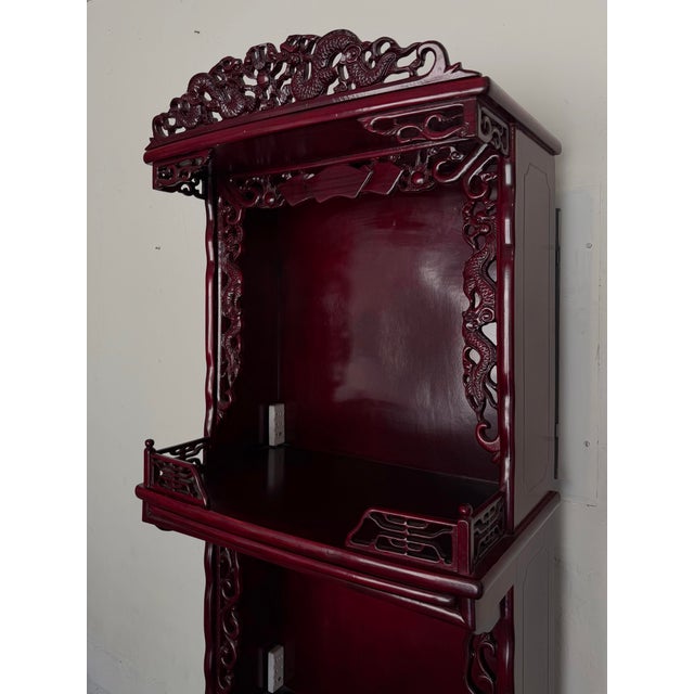 1990s Ornate Chinese Carved Burgundy Lacquer Display Cabinet For Sale In Sacramento - Image 6 of 6