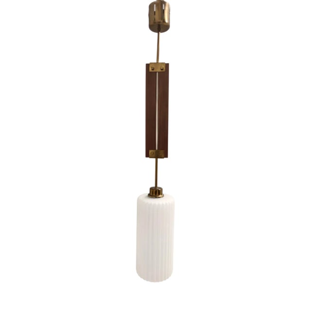Glazed Opaline Glass, Teak and Brass Pendant, Italy, 1960s For Sale
