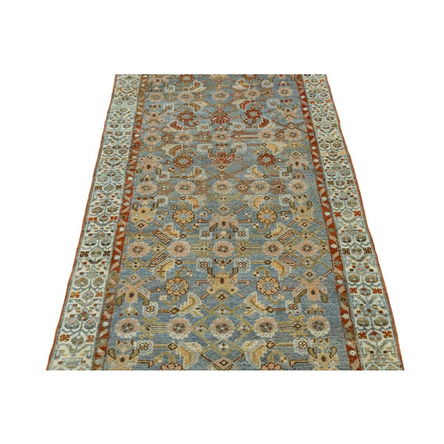 1910s Antique Oriental Runner - Hand-Knotted Wool Muted Blue & Rust Oushak Style 3x13 For Sale - Image 5 of 9