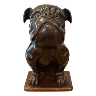 Antique French Walnut Hand Carved English Bulldog Brush Stand / Valet / Matchstick Holder With Amber Glass Eyes, Iris Apfel Owned For Sale