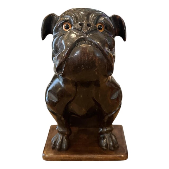 Antique French Walnut Hand Carved English Bulldog Brush Stand / Valet / Matchstick Holder With Amber Glass Eyes, Iris Apfel Owned For Sale