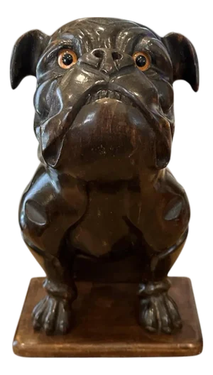 Antique French Walnut Hand Carved English Bulldog Brush Stand / Valet / Matchstick Holder With Amber Glass Eyes, Iris Apfel Owned