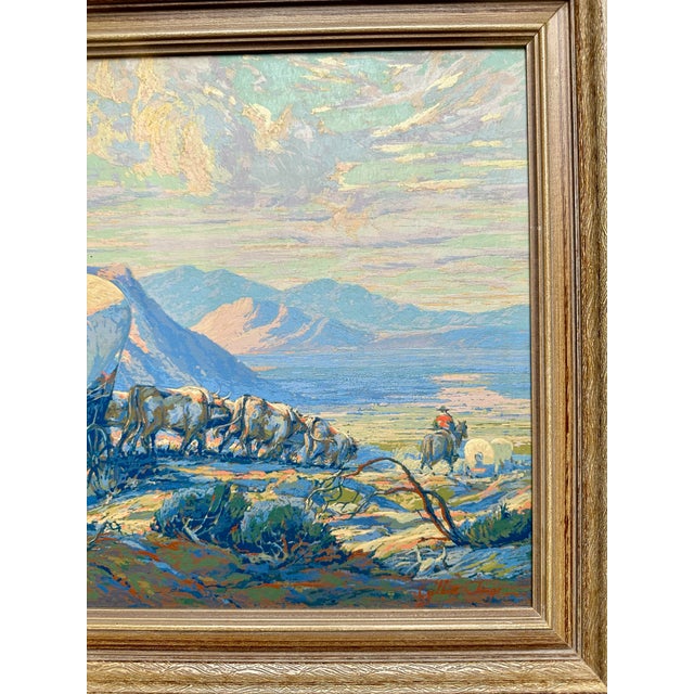 1920s Gilbert Tonge, California (1883-1970) Western Landscape With Covered Wagon, Oil on Board For Sale - Image 5 of 7