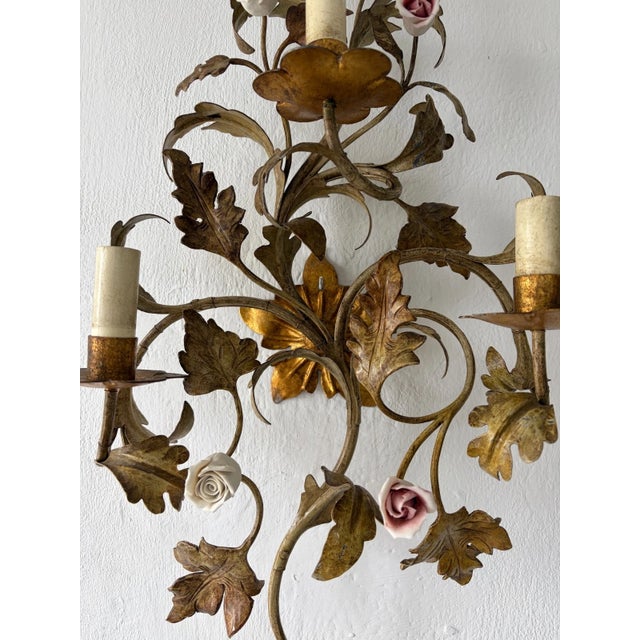 Metal Big Wrought Iron Sconces 3 Lights Roses in Pink & White, C 1900 For Sale - Image 7 of 9