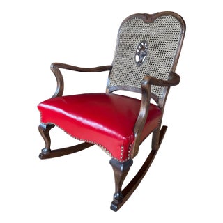 Early 20th Century Walnut Red Faux Leather Rocker For Sale