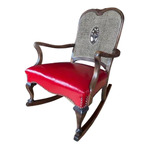 Early 20th Century Walnut Red Faux Leather Rocker