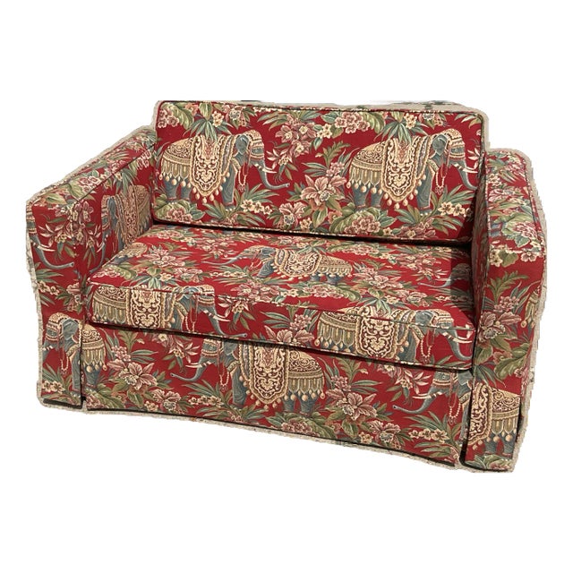 East Indian Chintz Tapestry Loveseat - Red Ground Elephants For Sale