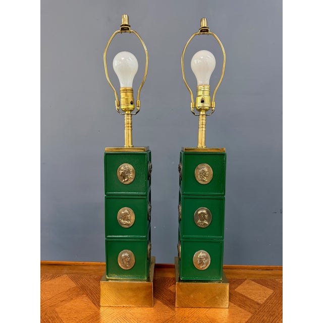 1970s Neoclassical Style Green Column Lamps With Brass Medallions W/Brass Base - a Pair For Sale - Image 4 of 11