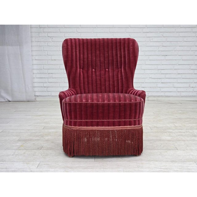 1960s Danish Armchair in Striped Red Furniture Velour, 1960s For Sale - Image 5 of 17