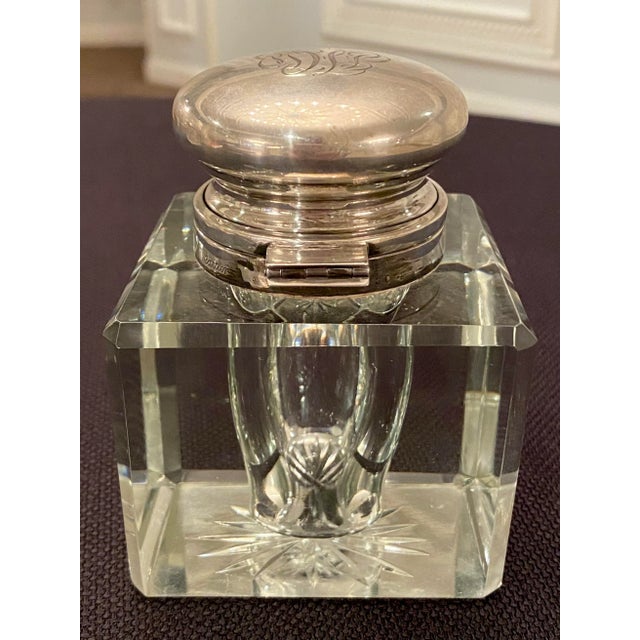 Vintage Cartier Silver and Cut Crystal Monogrammed Inkwell For Sale In Chicago - Image 6 of 12