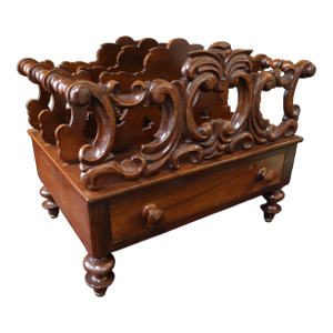 Victorian Mahogany Canterbury Magazine Rack With Drawer on Original Casters