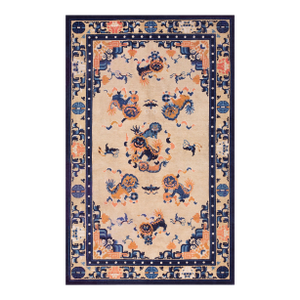 1890s Beige Foo Dog Classic Antique Chinese Ningxia Rug 5'0" X 7'9 Knotted Wool Carpet