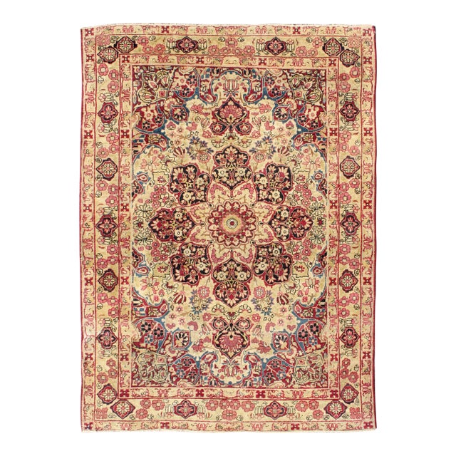 Late 19th Century Antique Lavar-Kerman Rug With Red and Pink Floral Medallion 4'0"x5'10" For Sale