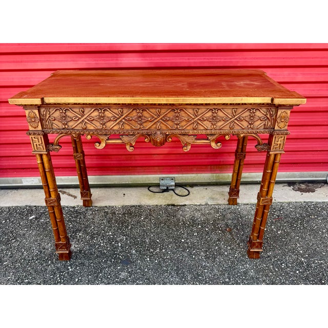 Hollywood Regency Pair Antique Carved Chinese Chippendale Faux Bamboo Fretwork Banded Inlay Single Drawer Hall Foyer Console Tables For Sale - Image 3 of 12