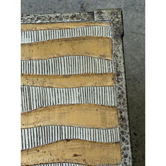 Sarreid Style Silver and Gold Tin Covered Trunk Drinks Table With Button Feet and Paper Lined Interior For Sale - Image 11 of 12