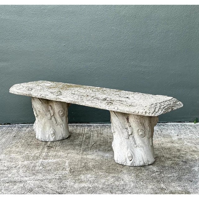 French Country Vintage Faux Bois Concrete Garden Bench For Sale - Image 3 of 12