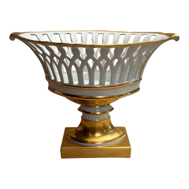 Antique French Limoges Empire Style Pierced Shuttle Basket Fruit Bowl Centerpiece For Sale