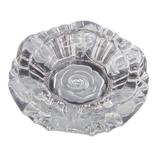 Vintage Clear Glass Rose Etched Vanity Trinket Dish- Scalloped Edges For Sale