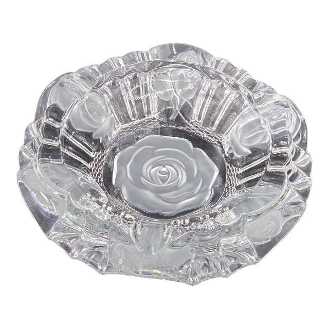 Vintage Clear Glass Rose Etched Vanity Trinket Dish- Scalloped Edges For Sale