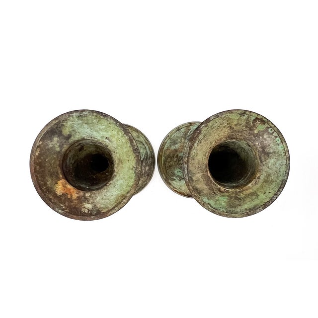Pair of Vintage Verdigris Patinated Brass Candlesticks With Foliate Motifs – Rustic European / Old World For Sale In Houston - Image 6 of 9