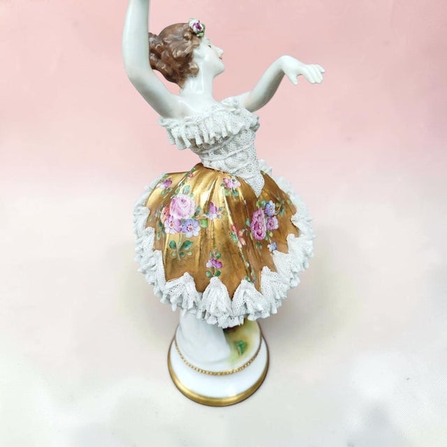 Gold Antique Porcelain Lace Ballerina Figurine with Gilt Floral Tutu from Rudolstadt-Volkstedt, 1920s For Sale - Image 8 of 13