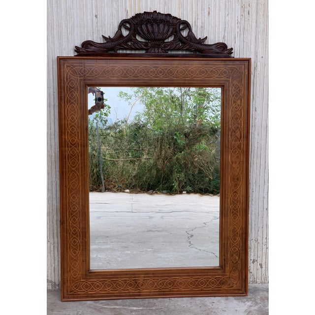 Mid 19th Century Antique Geometrical Marquetry Inlaid Mahogany Mirror With Ebonized Carved Crest For Sale - Image 5 of 10