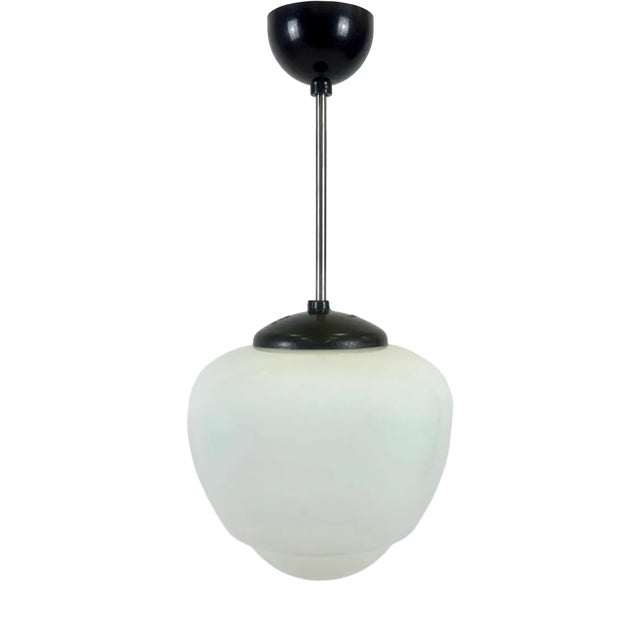 Czech White Milk Glass and Bakelite Pendant Lamp from Napako, 1940s For Sale