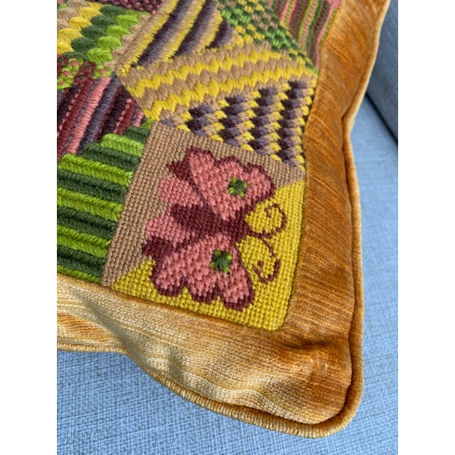 Vintage Handmade Bargello Needlepoint Embroidered Decor Pillow 14” X 14” Wool Yarn Back to Velvet Mustard Green Bronze For Sale In Miami - Image 6 of 12