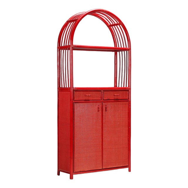 Vintage Bookcase in Red Bamboo and Glass, 1980s For Sale