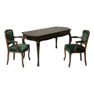 The Scholar’s Alcove: Dark Academia Library Desk & Jacquard Emerald Armchairs Suite For Sale