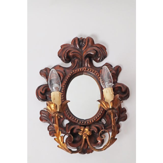 Baroque Style Hand-Carved Gold Leaf Wall Lamp with Mirror, 1960s For Sale - Image 6 of 11
