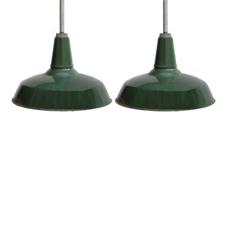 Vintage Industrial Chic Pendant Lights With Green Enamel Shades, Pair For Sale