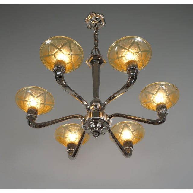 1930s Hanots French Art Deco 6-Arm Chandelier 1930s - Honey Amber Glass & Nickel For Sale - Image 5 of 13