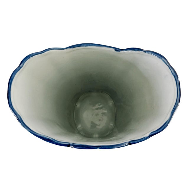 Late 20th Century Late 20th Century Tall Blue and White Chinoiserie Palm Tree Scalloped Vase For Sale - Image 5 of 8