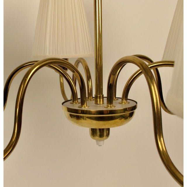 1950s Mid-Century 6-Arm Chandelier in Brass with Silk Shades by Rupert Nikoll, 1958 For Sale - Image 5 of 16