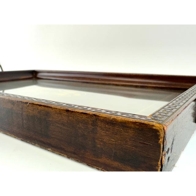 Brown 1960s English Regency Style Inlaid Mahogany Serving Tray With Greek Key Border and Wood & Brass Handles For Sale - Image 8 of 10