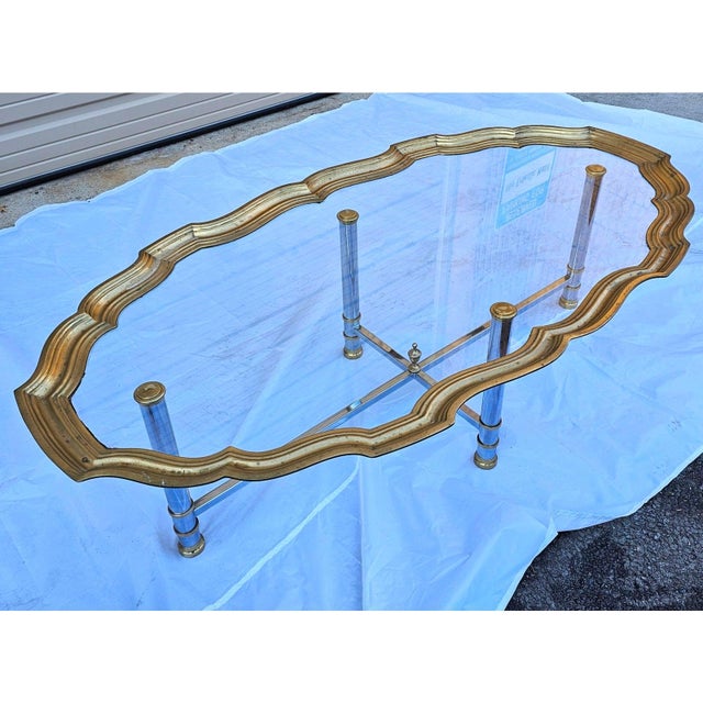 Metal Vintage Scalloped Brass and Polished Steel Chrome Glass Top Cocktail Table For Sale - Image 7 of 8