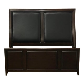 Transitional Black Leather and Dark Walnut Finished Queen Bedframe For Sale